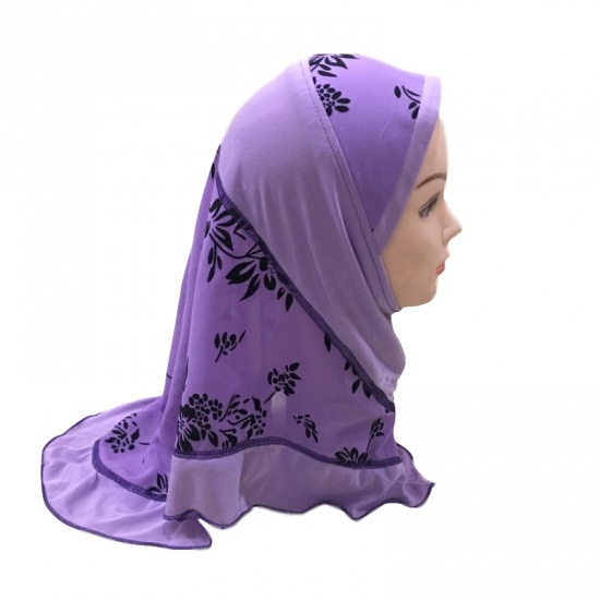 藤色-1＃フラワープリントスプライシングイスラム教徒の少女のターバンヒジャーブ、1着 の画像