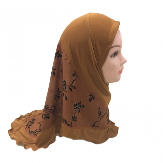 Immagine di Khaki - 7# Flower Printed Splicing Muslim Girl's Turban Hijab, 1 Piece