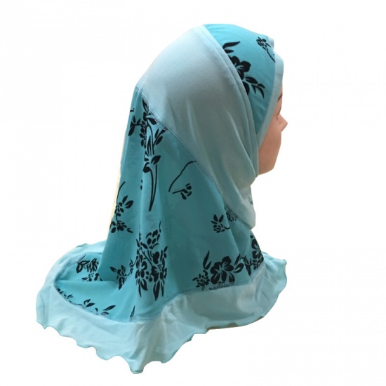 Immagine di Light Blue - 10# Flower Printed Splicing Muslim Girl's Turban Hijab, 1 Piece