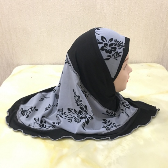 Immagine di Gray - 12# Flower Printed Splicing Muslim Girl's Turban Hijab, 1 Piece