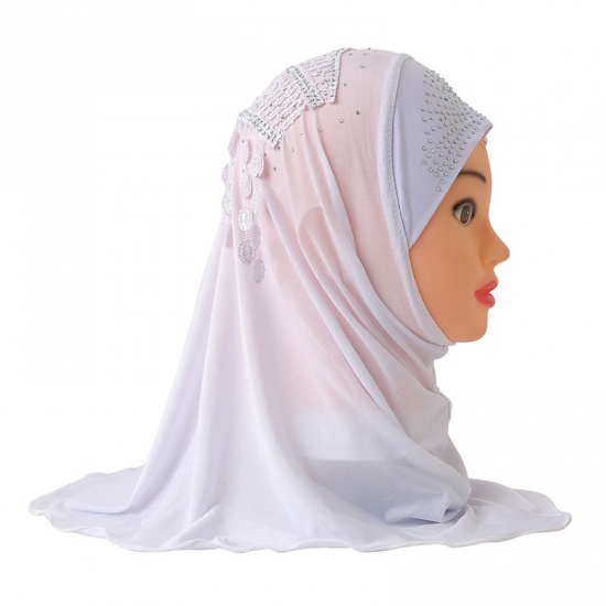 Image de Blanc - Hijab Turban pour fille musulmane en dentelle rayonne 2 # avec strass Hot Fix pour 2 à 7 ans, 1 pièce