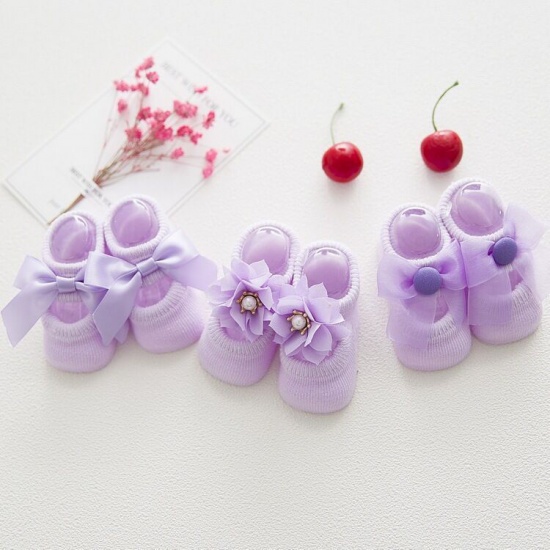 Imagen de Purple - 3 Pairs Cotton Girl Baby Toddler Shoes Floor Socks Antislip Lace Bowknot Flower S, 1 Set