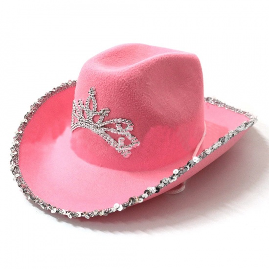 Picture of Pink - Nonwoven Western Cowgirl Rhinestone Hat For Women Girl Tiara Hat Holiday Costume Party 32x42x18cm, 1 Piece