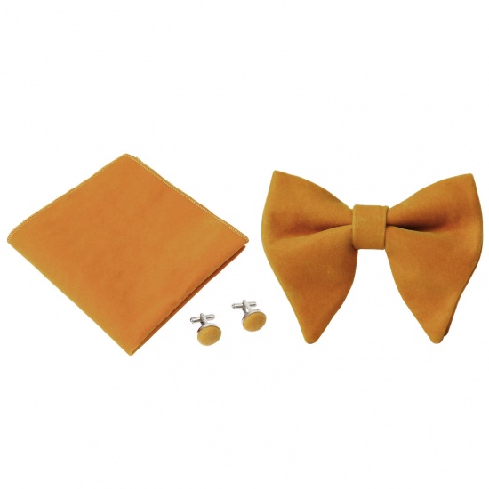 Изображение Orange - 1# Velvet Bow Tie & Cufflinks & Handkerchief For Formal Suit Accessories 23x23cm - 1.6cm Dia., 1 Set