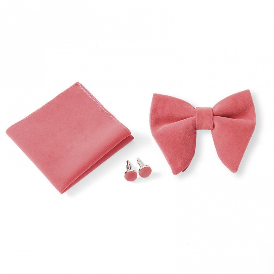 Изображение Orange Pink - 9# Velvet Bow Tie & Cufflinks & Handkerchief For Formal Suit Accessories 23x23cm - 1.6cm Dia., 1 Set