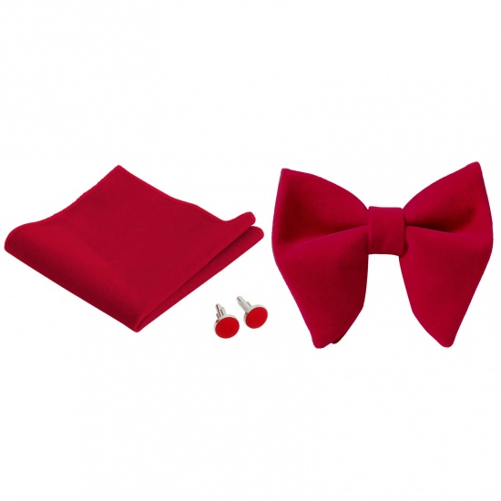 Изображение Red - 10# Velvet Bow Tie & Cufflinks & Handkerchief For Formal Suit Accessories 23x23cm - 1.6cm Dia., 1 Set