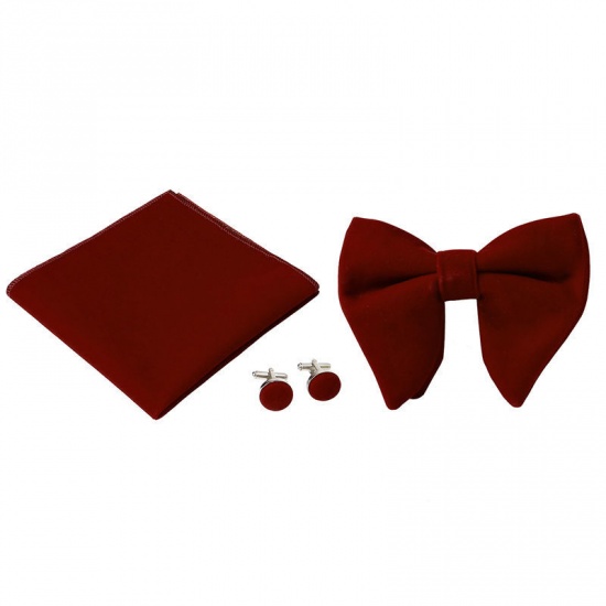 Изображение Wine Red - 11# Velvet Bow Tie & Cufflinks & Handkerchief For Formal Suit Accessories 23x23cm - 1.6cm Dia., 1 Set