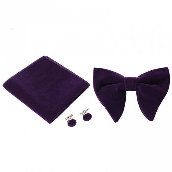 Изображение Purple - 12# Velvet Bow Tie & Cufflinks & Handkerchief For Formal Suit Accessories 23x23cm - 1.6cm Dia., 1 Set