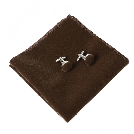 Изображение Light Coffee - 16# Velvet Bow Tie & Cufflinks & Handkerchief For Formal Suit Accessories 23x23cm - 1.6cm Dia., 1 Set