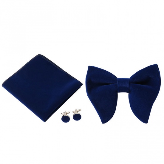 Изображение Dark Blue - 17# Velvet Bow Tie & Cufflinks & Handkerchief For Formal Suit Accessories 23x23cm - 1.6cm Dia., 1 Set