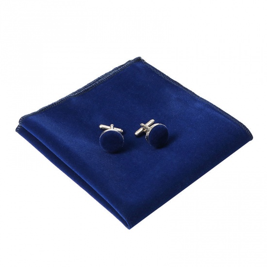 Изображение Dark Blue - 17# Velvet Bow Tie & Cufflinks & Handkerchief For Formal Suit Accessories 23x23cm - 1.6cm Dia., 1 Set