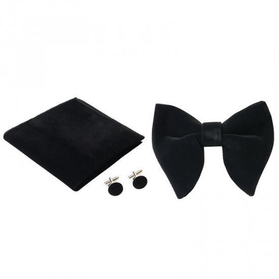 Изображение Black - 18# Velvet Bow Tie & Cufflinks & Handkerchief For Formal Suit Accessories 23x23cm - 1.6cm Dia., 1 Set