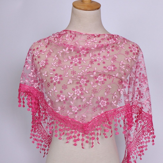 Immagine di Fuchsia - 5# Spring Polyester Retro Lace Embroidered Tassel Women's Triangle Scarf Shawl Wrap 150x40cm, 1 Piece