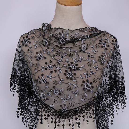 Immagine di Black - 8# Spring Polyester Retro Lace Embroidered Tassel Women's Triangle Scarf Shawl Wrap 150x40cm, 1 Piece