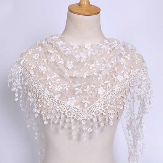 Picture of White - 9# Spring Polyester Retro Lace Embroidered Tassel Women's Triangle Scarf Shawl Wrap 150x40cm, 1 Piece
