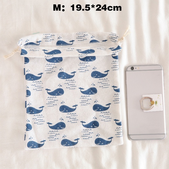 Picture of Cotton & Linen Storage Container Bags Whale Animal White & Blue 24cm x 19.5cm, 1 Piece