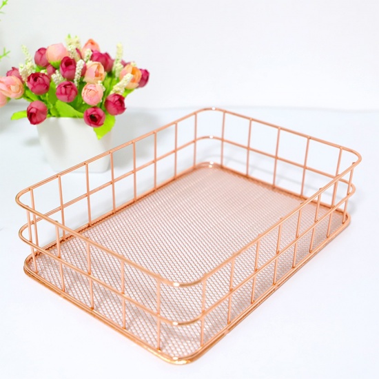 Picture of Iron Based Alloy Storage Container Box Basket Rose Gold Rectangle 24.5cm x 16.5cm, 1 Piece