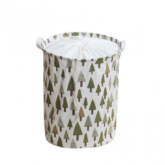 Изображение Army Green - Large Laundry Basket Drawstring Water-resistance Round Cotton Linen Clothes Storage 50cm x 40cm