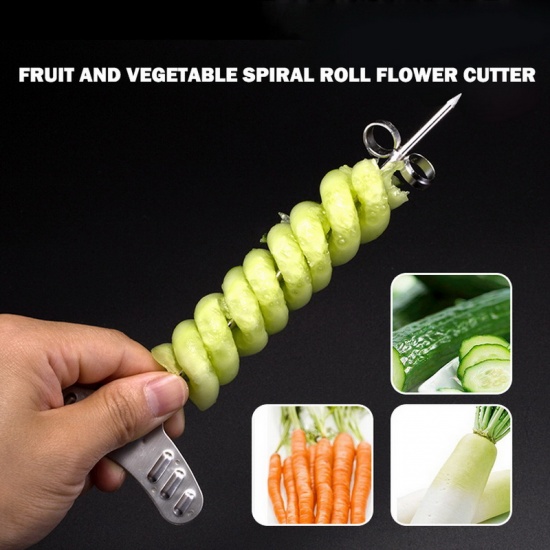 Immagine di Silver Tone - Spiral Knife Stainless Steel Spiral Screw Slicer Cutter for Vegetable Fruits Kitchen Gadget,1 Set