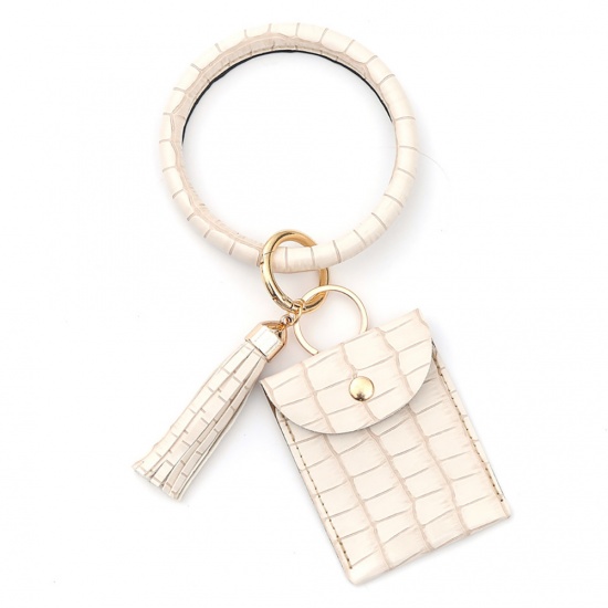 Immagine di White - PU Bracelet Key Ring Bangle Keyring Tassel Ring Circle Key Ring Keychain Wristlet Coin Purse