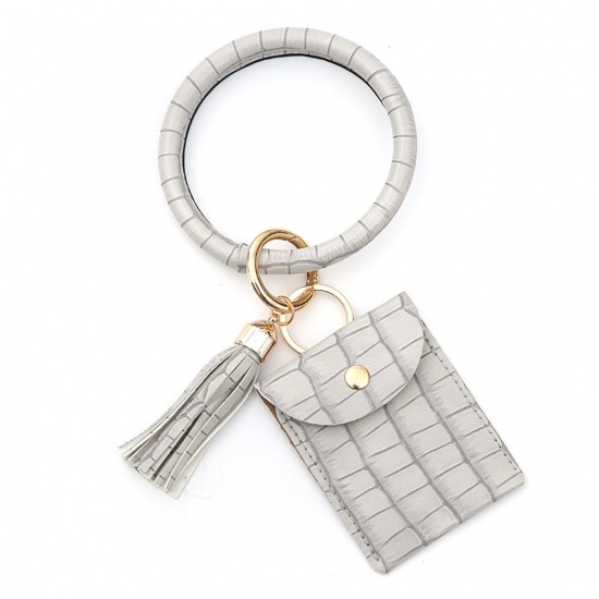 Immagine di Gray - PU Bracelet Key Ring Bangle Keyring Tassel Ring Circle Key Ring Keychain Wristlet Coin Purse