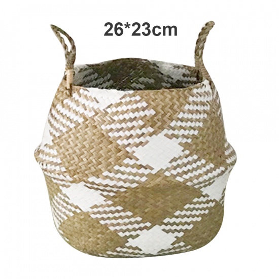 Immagine di White - Checkered Seagrass Storage Baskets laundry Wicker Flower Toy Basket Organizer 26cm x 23cm