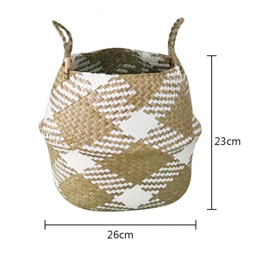 Picture of White - Checkered Seagrass Storage Baskets laundry Wicker Flower Toy Basket Organizer 26cm x 23cm