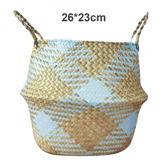 Immagine di Light Blue - Checkered Seagrass Storage Baskets laundry Wicker Flower Toy Basket Organizer 26cm x 23cm