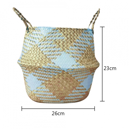 Picture of Light Blue - Checkered Seagrass Storage Baskets laundry Wicker Flower Toy Basket Organizer 26cm x 23cm