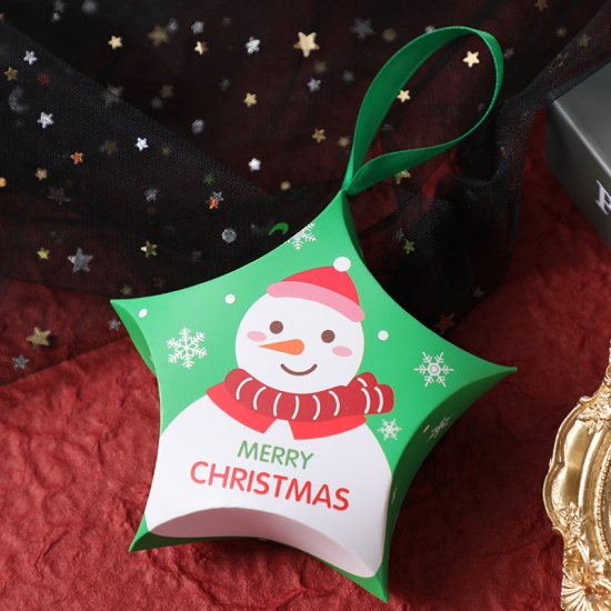 Picture of Paper Candy Box Green Star Christmas Snowman 12cm x 12cm, 1 Piece