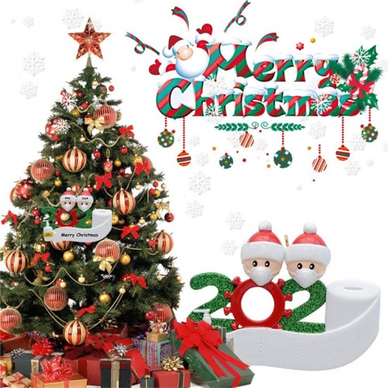 Picture of PVC Christmas Hanging Decoration White Family of 2 Wear Mask Can Write Name Message " 2020 " Glitter 9cm x 7cm, 1 Piece