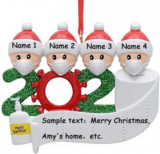 Picture of PVC Christmas Hanging Decoration White Family of 4 Wear Mask Can Write Name Message " 2020 " Glitter 9cm x 7cm, 1 Piece