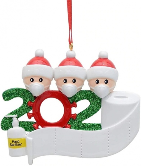 Picture of PVC Christmas Hanging Decoration White Family of 3 Wear Mask Can Write Name Message " 2020 " Glitter 9cm x 7cm, 1 Piece