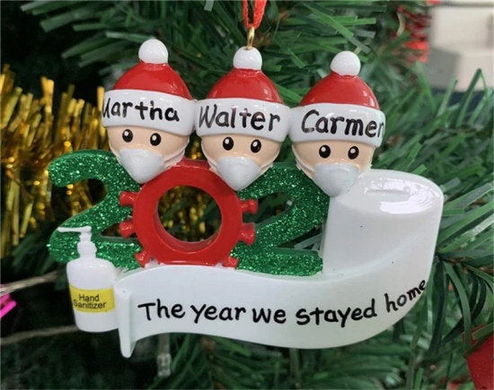 Picture of PVC Christmas Hanging Decoration White Family of 3 Wear Mask Can Write Name Message " 2020 " Glitter 9cm x 7cm, 1 Piece