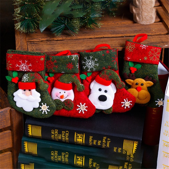 Immagine di Nonwovens Hanging Decoration Green Christmas Stocking Santa Claus 19cm x 15cm, 1 Piece