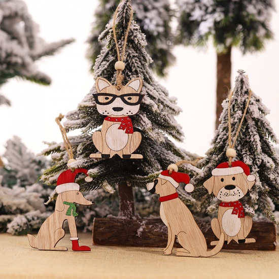Picture of Wood Christmas Hanging Decoration Light Brown Dog Animal 8.5cm x 5.5cm, 1 Piece