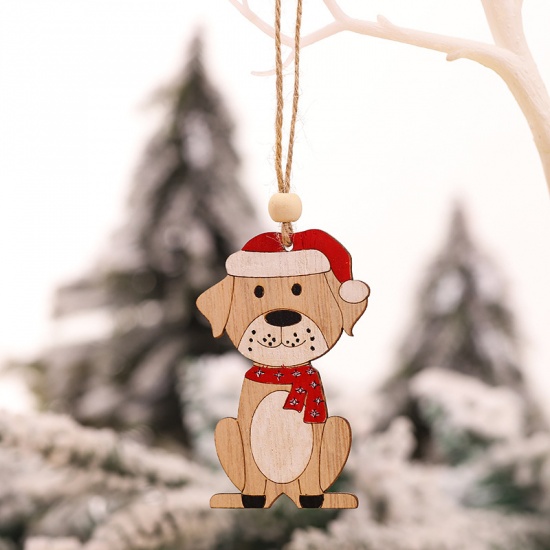 Imagen de Wood Christmas Hanging Decoration Light Brown Dog Animal 8.5cm x 5.5cm, 1 Piece