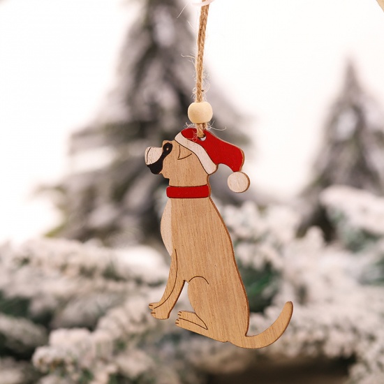 Bild von Holz Weihnachten Hänge Dekoration Hellbraun Hund 8.5cm x 7.5cm, 1 Stück