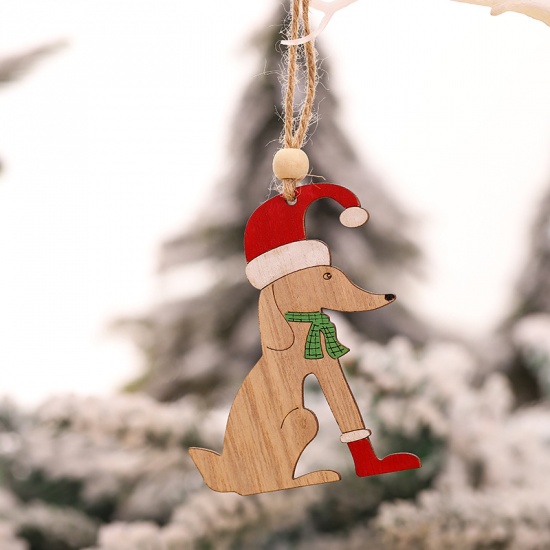 Picture of Wood Christmas Hanging Decoration Light Brown Dog Animal 8.5cm x 6.5cm, 1 Piece