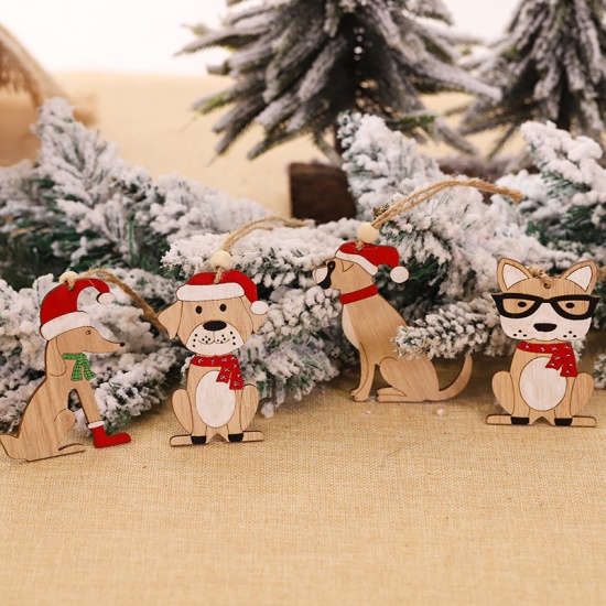 Picture of Wood Christmas Hanging Decoration Light Brown Dog Animal 8.5cm x 6.5cm, 1 Piece