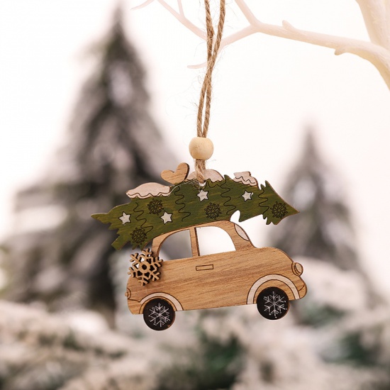 Picture of Wood Christmas Hanging Decoration Green Car & Tree 8.5cm x 6.5cm, 1 Piece