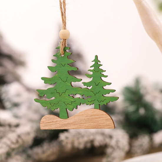 Picture of Wood Christmas Hanging Decoration Green Tree 8.5cm x 8cm, 1 Piece