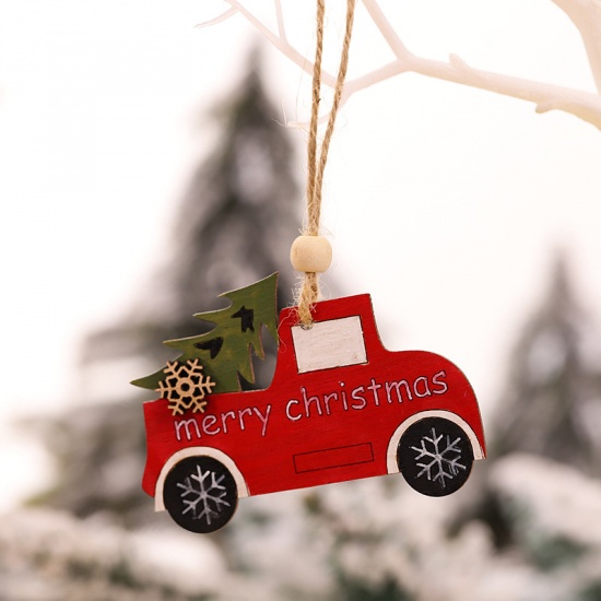 Immagine di Wood Christmas Hanging Decoration Red Car & Tree 8.5cm x 6cm, 1 Piece