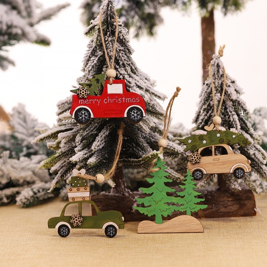 Immagine di Wood Christmas Hanging Decoration Green Gift Box Car 8.5cm x 7.5cm, 1 Piece