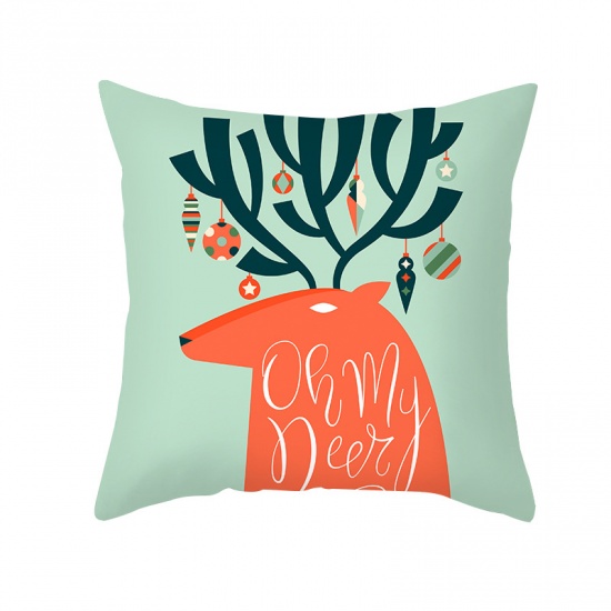 Picture of Peach Skin Fabric Pillow Cases Light Green Square Christmas Reindeer 45cm x 45cm, 1 Piece