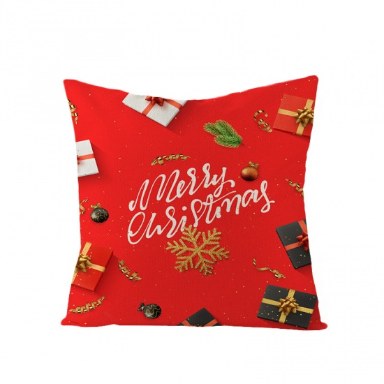 Picture of Flax Pillow Cases Red Square Christmas Gift Box Message " Merry Christmas " 45cm x 45cm, 1 Piece