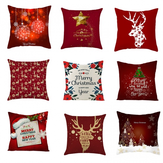 Picture of Flax Pillow Cases Red Square Christmas Gift Box Message " Merry Christmas " 45cm x 45cm, 1 Piece