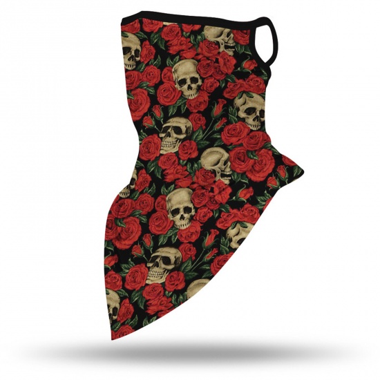 Immagine di Polyester Halloween Windproof Dustproof Face Mask For Outdoor Cycling Red Rose Flower Skull 45cm x 23.5cm, 1 Piece