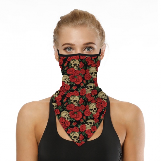 Изображение Polyester Halloween Windproof Dustproof Face Mask For Outdoor Cycling Red Rose Flower Skull 45cm x 23.5cm, 1 Piece