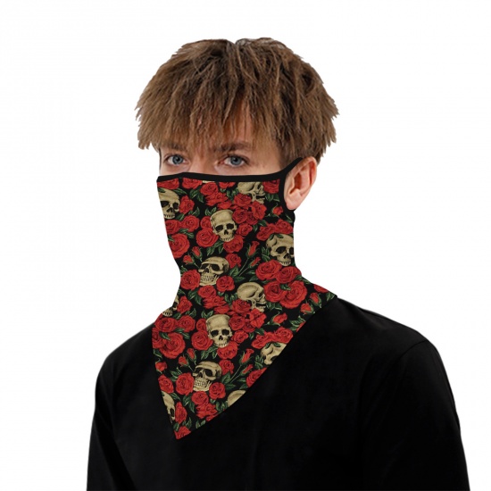 Immagine di Polyester Halloween Windproof Dustproof Face Mask For Outdoor Cycling Red Rose Flower Skull 45cm x 23.5cm, 1 Piece